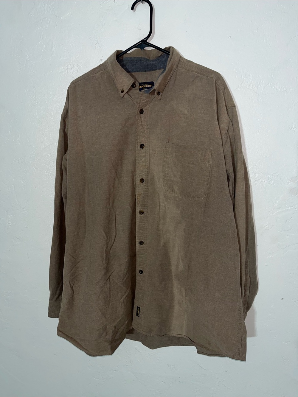 Woolrich 100% Cotton Men’s 2XL Button Up Shirt Brown Tan Worn